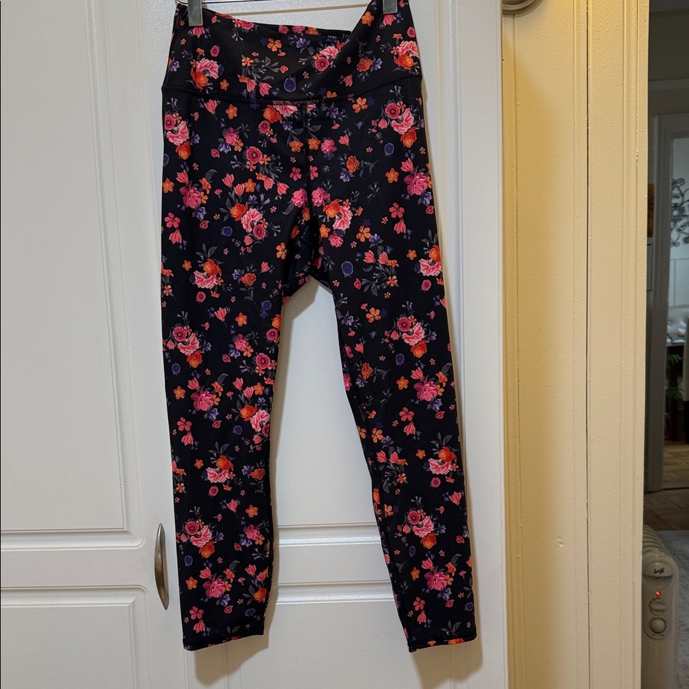 Fabletics women’s  Floral Leggings - Black with Pink and Orange Accents